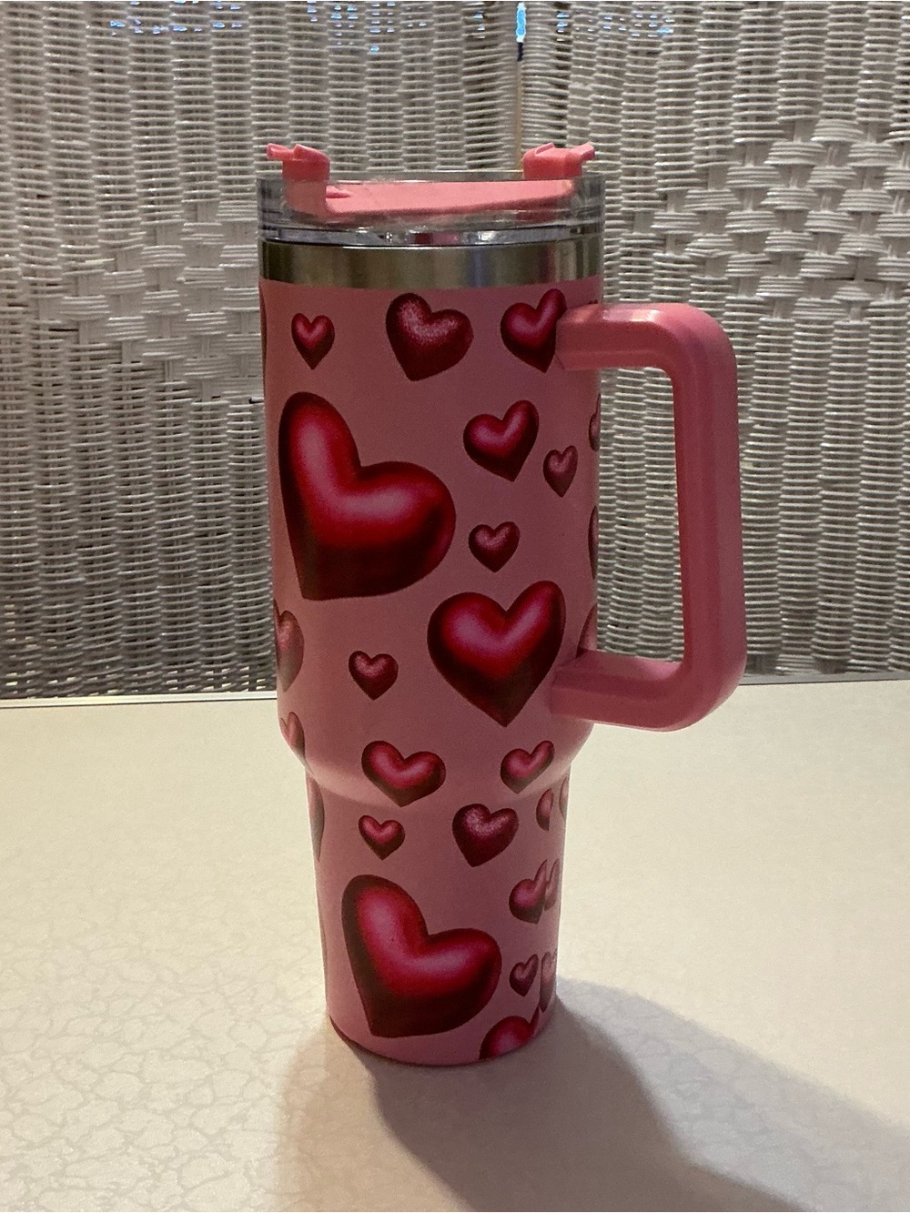 40 oz. pink and red heart stainless steel mug